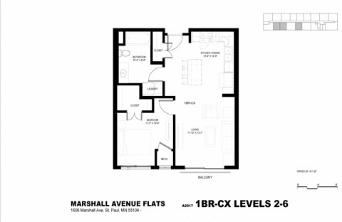 Floor plan for 1 bed, 1 bath, 607 sqft